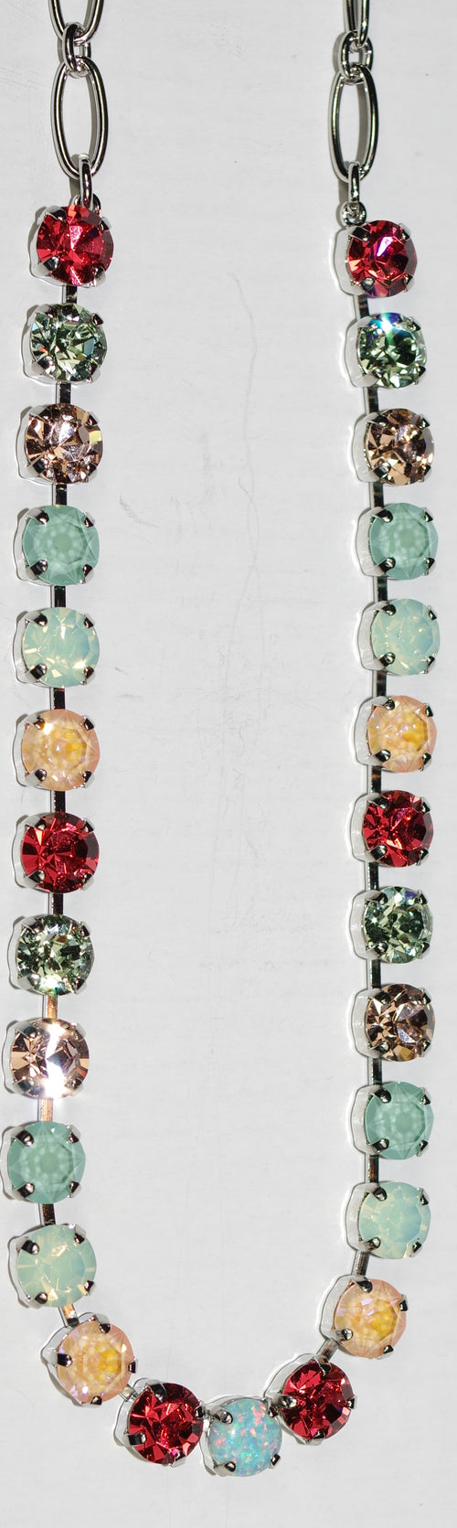 MARIANA NECKLACE BETTE MONARCH:  orange, pacific opal, green, peach, simulated opal, 1/4" stones in rhodium setting, 17" adjustable chain