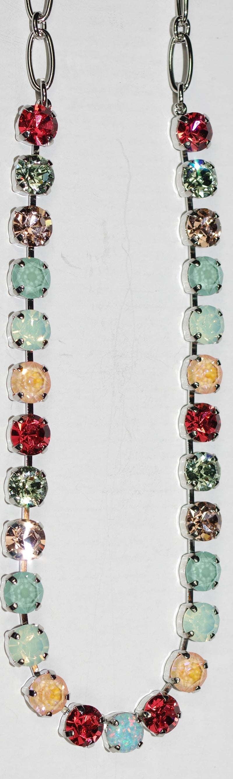 MARIANA NECKLACE BETTE MONARCH:  orange, pacific opal, green, peach, simulated opal, 1/4" stones in rhodium setting, 17" adjustable chain