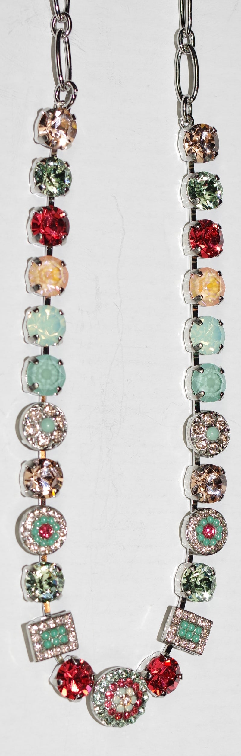 MARIANA NECKLACE MONARCH: orange, peach, green, pacific opal, amber 1/4" stones in rhodium setting, 18" adjustable chain