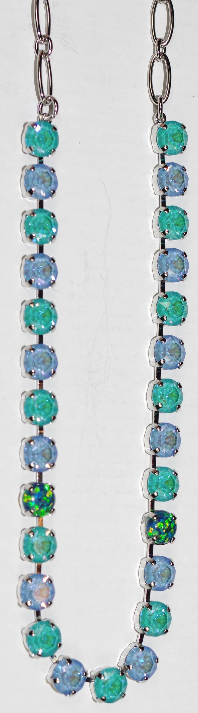 MARIANA NECKLACE BETTE SUN KISSED: blue, teal, simulated opal 1/4" stones in rhodium setting, 17" adjustable chain