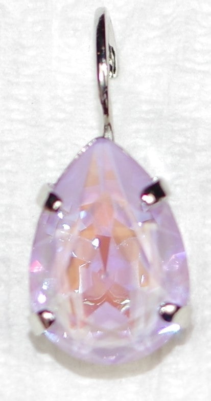 MARIANA EARRINGS SUN KISSED: lavender pear shape stone in 1/2" rhodium setting, lever backs