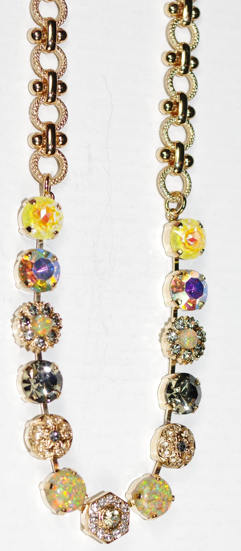 MARIANA NECKLACE PAINTED LADY: yellow, taupe, a/b, simulated opal 3/8" stones in yellow gold setting, 18" adjustable chain
