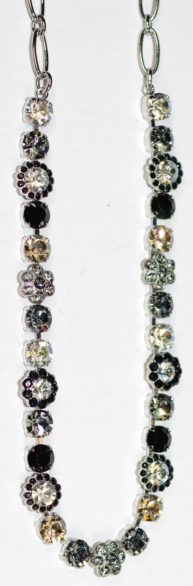 MARIANA NECKLACE BLACK ORCHID: taupe, black, amber, clear stones in rhodium setting, 17" adjustable chain