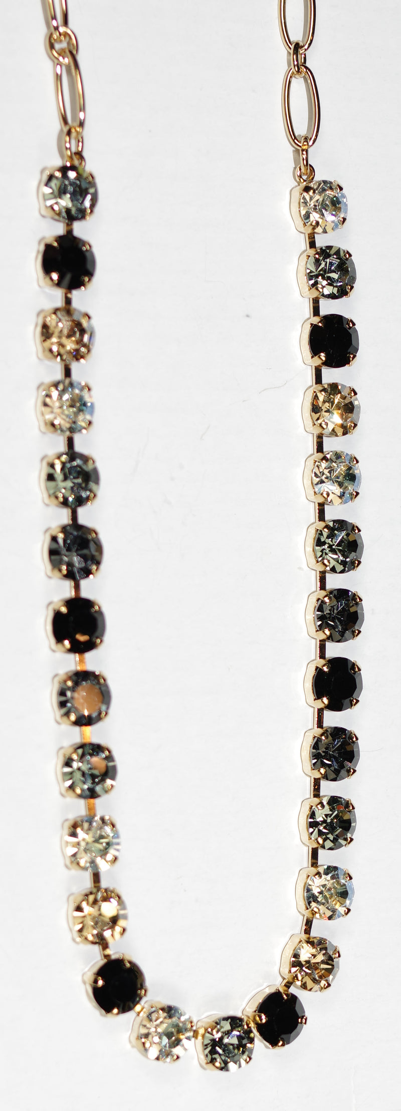 MARIANA NECKLACE BETTE BLACK ORCHID: taupe, black, clear, amber stones in yellow gold setting, 17" adjustable chain