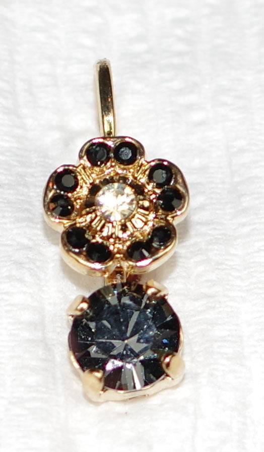 MARIANA EARRINGS BLACK ORCHID: clear, grey, black stones in 1/2" yellow gold setting, lever back