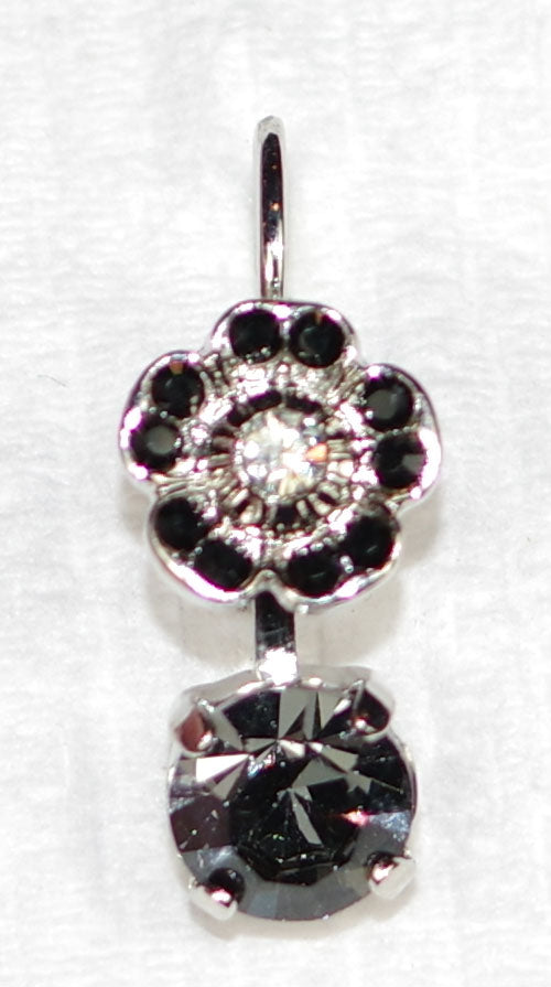 MARIANA EARRINGS BLACK ORCHID: clear, grey, black stones in 1/2 " rhodium setting, lever back