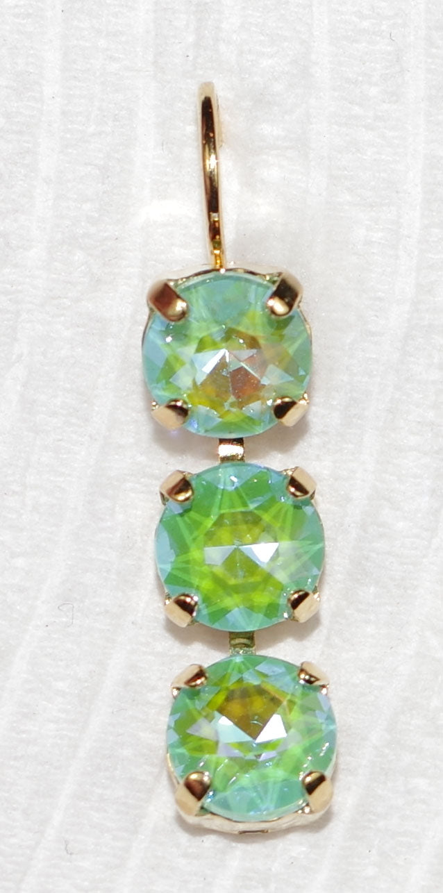 MARIANA EARRINGS: teal sun kissed stones in 1" yellow gold setting, lever back