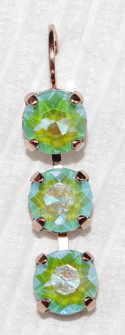 MARIANA EARRINGS: teal sun kissed stones in 1" rose gold setting, lever back