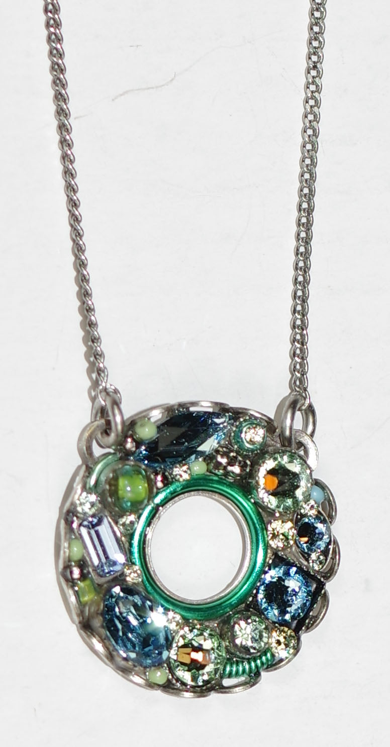FIREFLY NECKLACE BEJEWELED CIRCLE AQ: multi color stones in 3/4" pendant, silver 17" adjustable chain