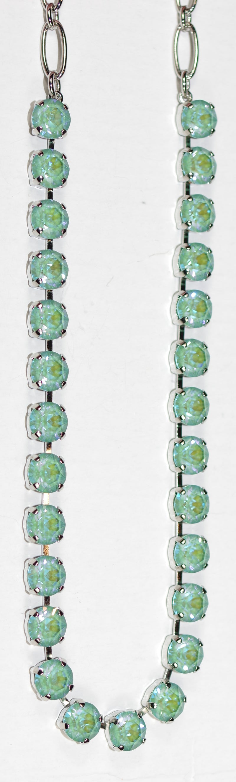 MARIANA NECKLACE BETTE SUN KISSED: blue/green 1/4" stones in silver rhodium setting, 17" adjustable chain