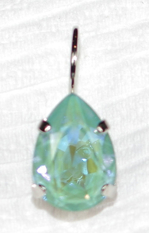 MARIANA EARRINGS SUN KISSED: teal pear shape stone in 1/2" silver rhodium setting, lever backs