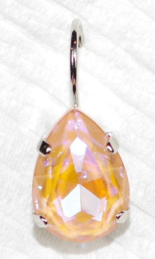 MARIANA EARRINGS SUN KISSED: peach pear shape stone in 1/2" silver rhodium setting, lever backs