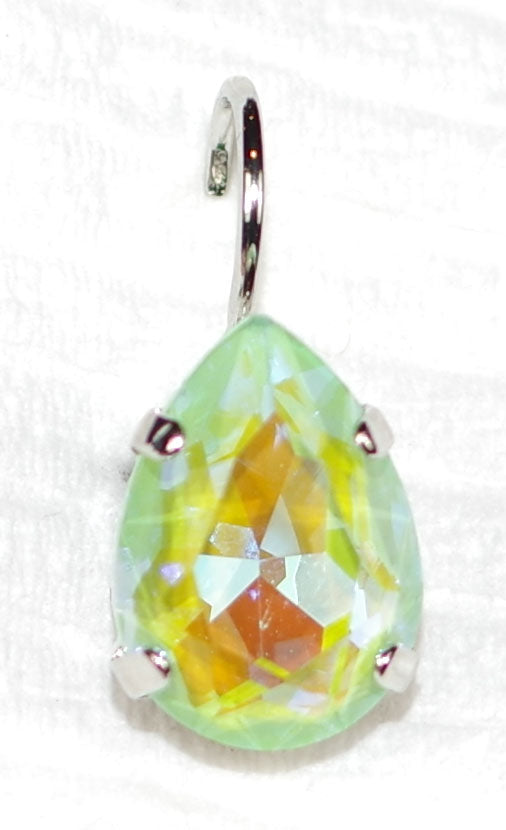 MARIANA EARRINGS SUN KISSED: light green/yellow pear shape stone in 1/2" silver rhodium setting, lever backs