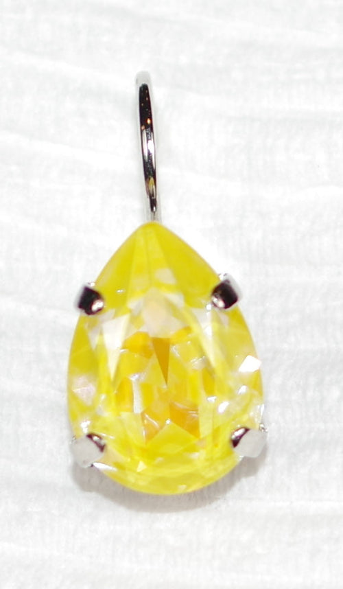 MARIANA EARRINGS SUN KISSED: yellow pear shape stone in 1/2" silver rhodium setting, lever backs