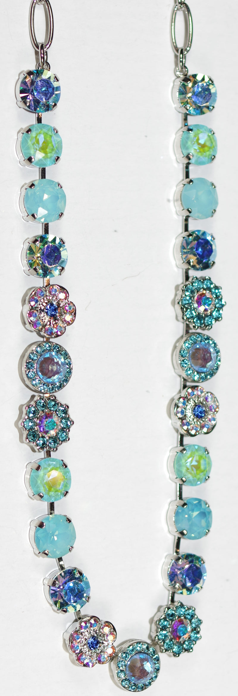 MARIANA NECKLACE TRANQUIL: teal, blue sun kissed 1/2" stones in silver rhodium setting, 18" adjustable chain