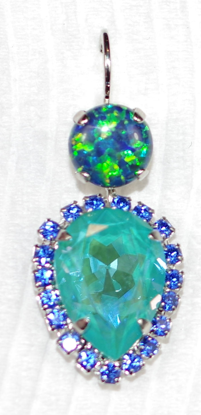 MARIANA EARRINGS SERENITY: blue, teal, simulated opal stones in 1.5" silver rhodium setting, lever backs