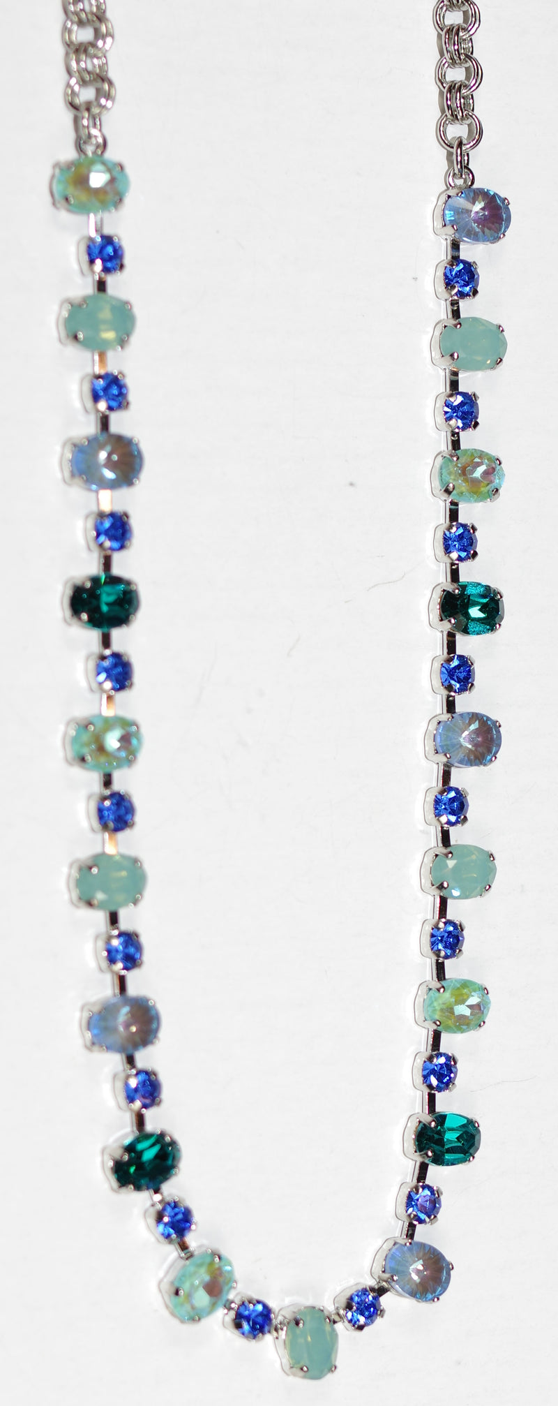 MARIANA NECKLACE SERENITY: blue, teal, pacific opal, sun kissed stones in silver rhodium setting, 18" adjustable chain