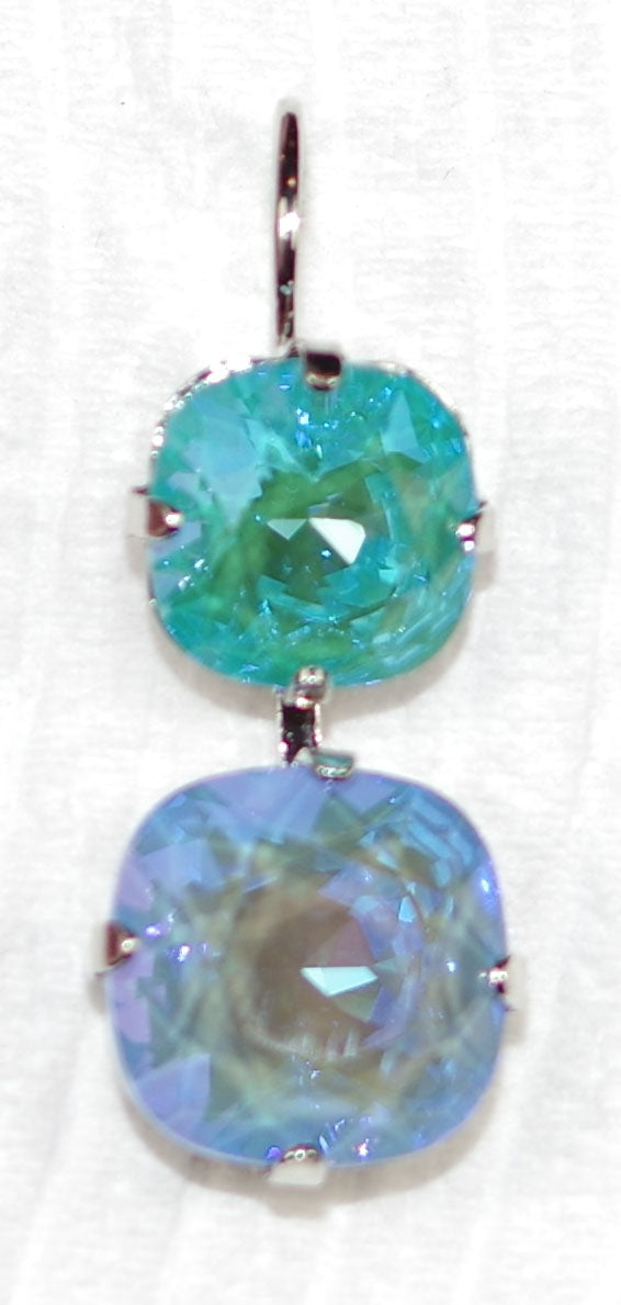 MARIANA EARRINGS SERENITY: teal, blue sun kissed stones in 1" silver rhodium setting, lever back
