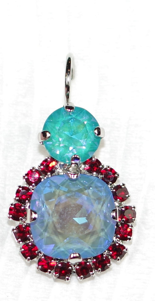 MARIANA EARRINGS SERENITY: blue, teal, red stones in 1" silver rhodium setting, lever back