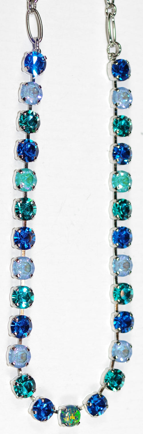 MARIANA NECKLACE BETTE SERENITY: blue, teal, simulated opal sun kissed 1/4" stones in silver rhodium setting, 17" adjustable chain