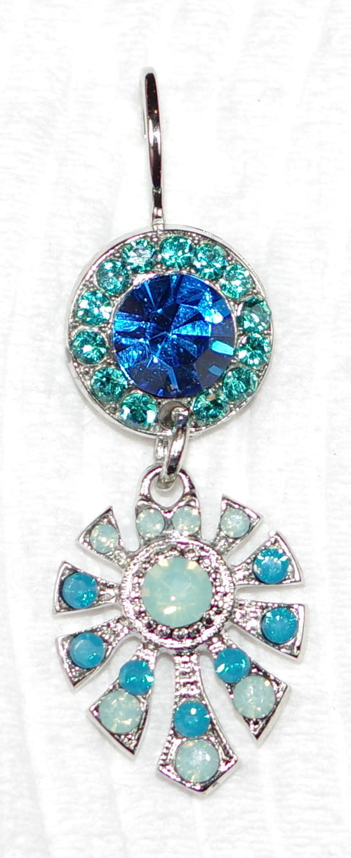 MARIANA EARRINGS DUNAWAY SERENITY: blue, teal, pacific opal stones in 1" silver rhodium setting, lever back