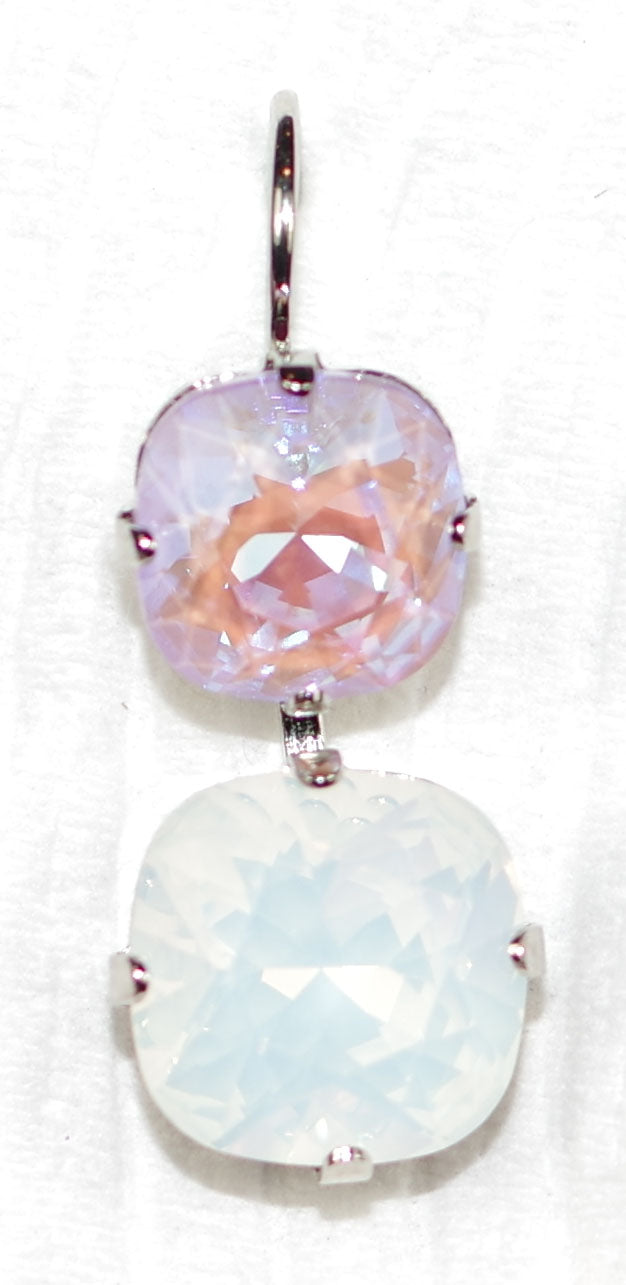 MARIANA EARRINGS ROMANCE: white, pink sun kissed stones in 1" silver rhodium setting, lever back
