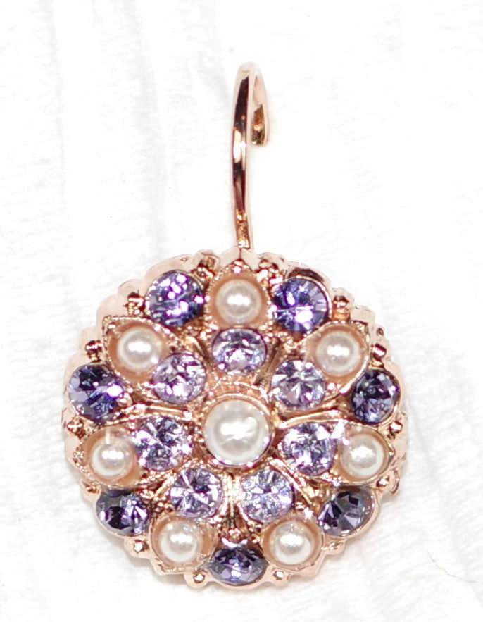 MARIANA EARRINGS ROMANCE GUARDIAN: purple, pearl stones in 5/8" rose gold setting, lever back