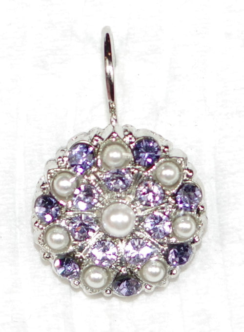 MARIANA EARRINGS ROMANCE GUARDIAN: purple, pearl stones in 5/8" silver rhodium setting, lever back