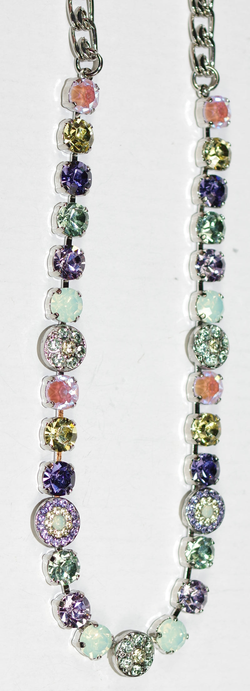 MARIANA NECKLACE TRAVELARA: purple, violet, rose, green,yellow stones in silver rhodium setting, 17" adjustable chain