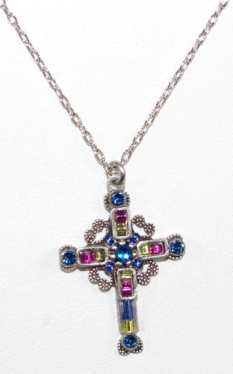 FIREFLY CROSS NECKLACE MEDIUM ORNATE 8760-BB: multi color stones in 1" cross, silver 18" adjustable chain