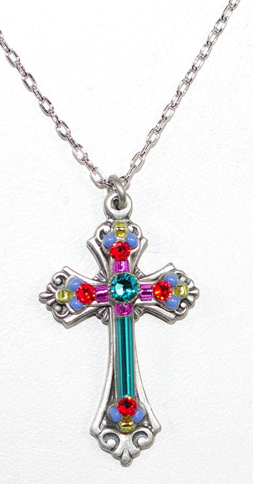 FIREFLY NECKLACE MEDIUM CROSS TEAL: multi color stones in 1" pendant, silver 18" adjustable chain
