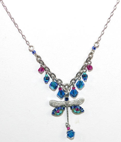 FIREFLY NECKLACE SMALL DRAGONFLY BB: multi color stones in 1" pendant, silver 18" adjustable chain