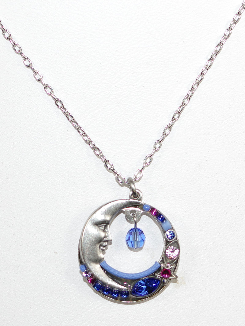 FIREFLY NECKLACE CELESTIAL MOON  SAPPHIRE: multi color stones in 3/4" pendant, silver 18" adjustable chain