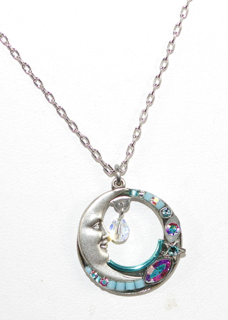 FIREFLY NECKLACE CELESTRIAL MOON ICE: multi color stones in .75" pendant, silver 18" adjustable chain