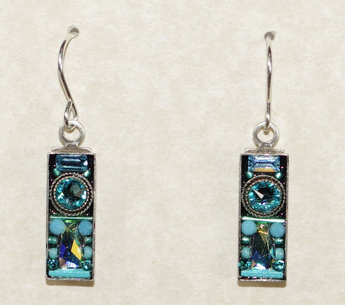 FIREFLY EARRINGS ARCHITECTURAL RECTANGLE EARRINGS TURQUOISE: multi color stones in 3/4" silver setting, wire backs