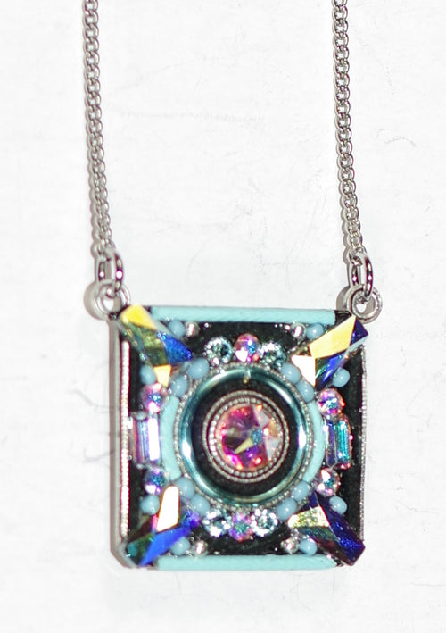 FIREFLY NECKLACE ARCHITECTURAL SQUARE PENDANT ICE: multi color stones in 3/4", silver 18" adjustable chain