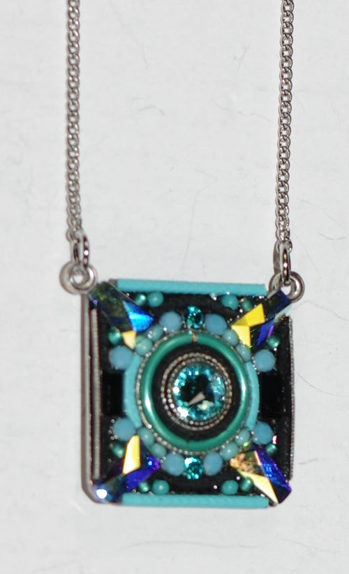 FIREFLY NECKLACE ARCHITECTURAL SQUARE PENDANT TURQUOISE: multi color stones in 3/4", silver 18" adjustable chain