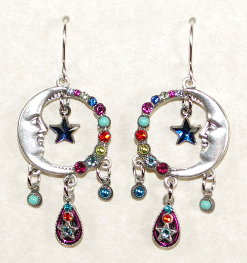 FIREFLY EARRINGS LUNA STAR EARRINGS W/TEAR DROP DANGLES MC: multi color stones in 1.25" silver setting, wire backs