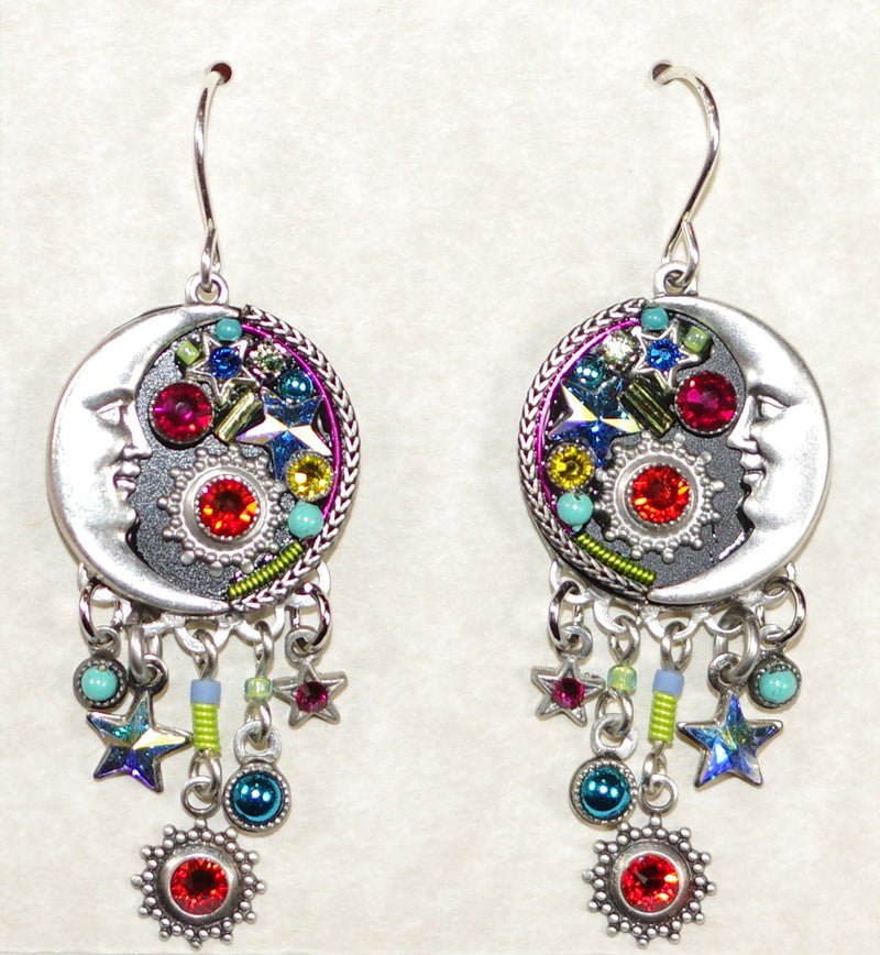 FIREFLY EARRINGS LUNA EARRINGS W/DANGLES MC: multi color stones in 1.5" silver setting, wire backs