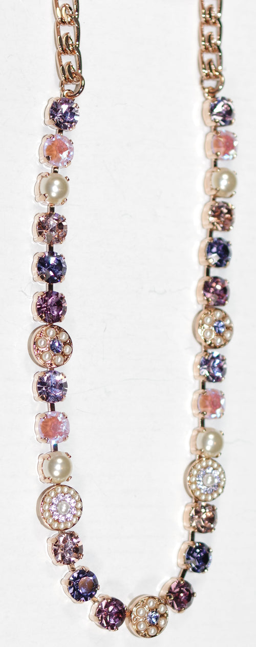 MARIANA NECKLACE ROMANCE: pearls, lavender, purple stones in rose gold setting, 18" adjustable chain