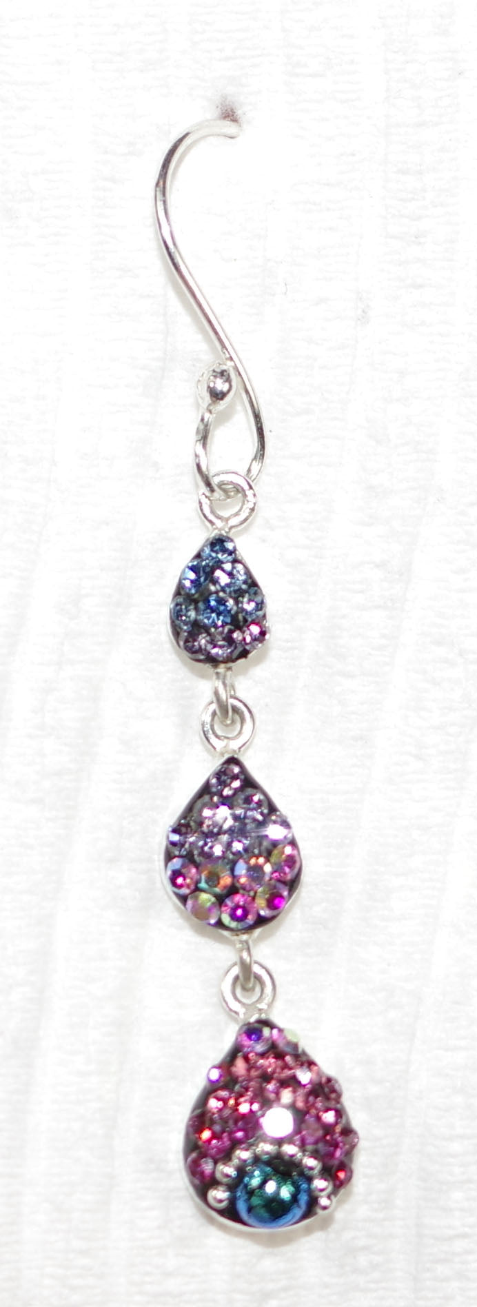 MOSAICO EARRINGS PE-8342-B: multi color Austrians crystals in slender 1.5" solid silver setting, french wire backs