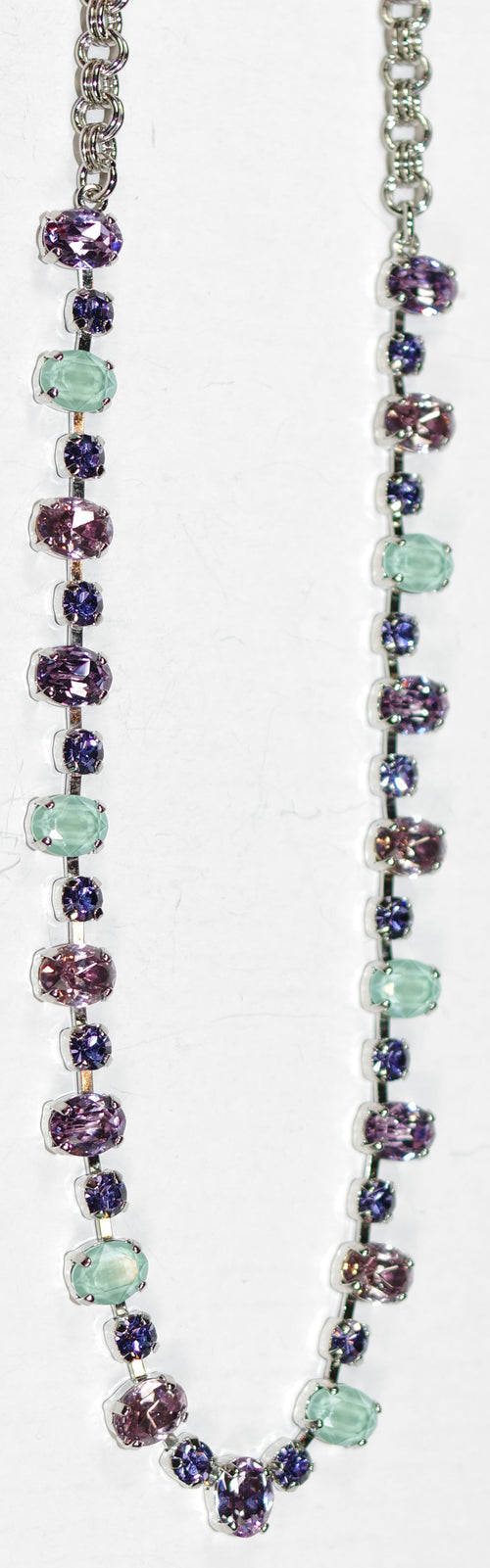 MARIANA NECKLACE MATCHA: purple, green stones in silver rhodium setting, 18" adjustable chain