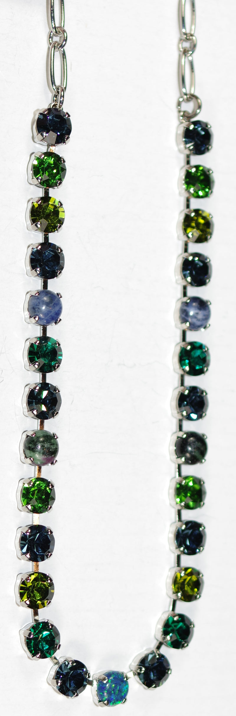 MARIANA NECKLACE BETTE CHAMOMILE: blue, green, opal, natural 1/4" stones in silver rhodium setting, 17" adjustable chain