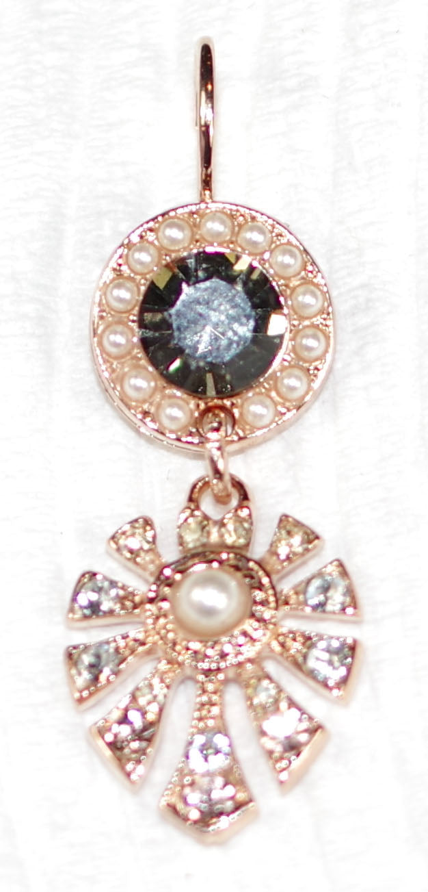 MARIANA EARRINGS DUNAWAY EARL GREY: pearl, grey, clear stones in 1" rosegold setting, lever back