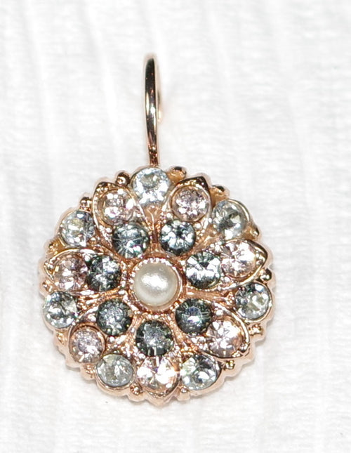 MARIANA EARRINGS EARL GREY GUARDIAN: grey, pearl, amber stones in 5/8" rose gold setting, lever back