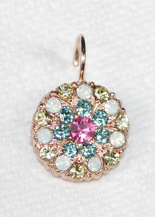 MARIANA EARRINGS: pink, blue, green, white stones in 1/2" rose gold setting, lever back