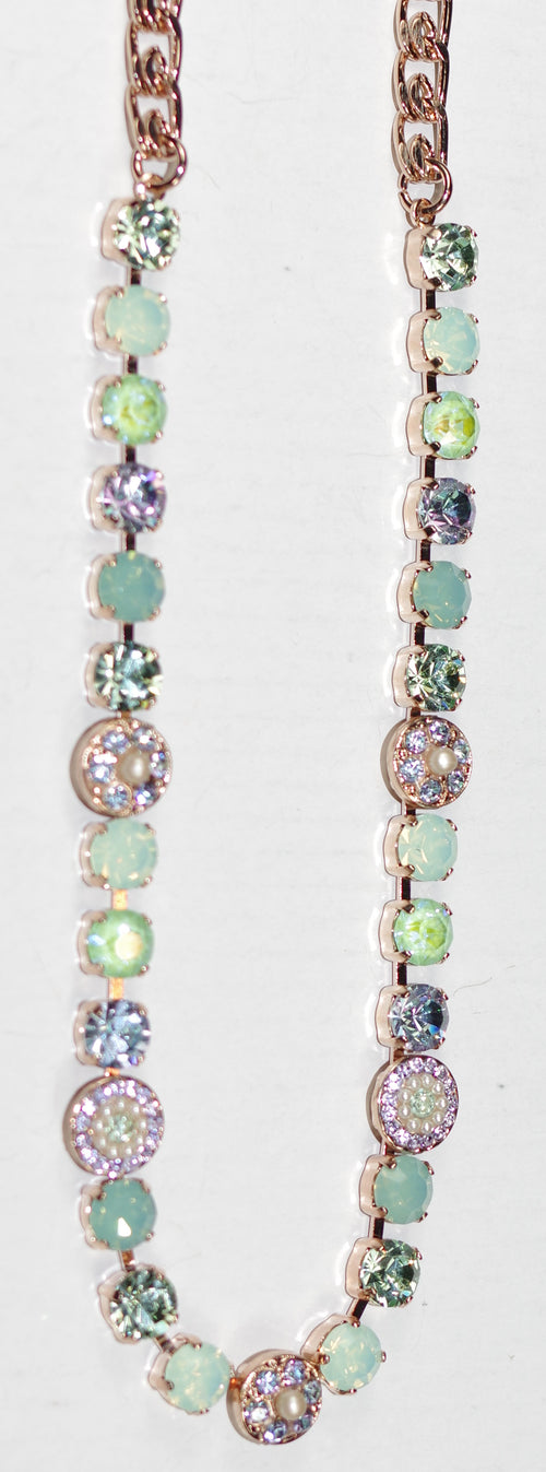 MARIANA NECKLACE MINT CHIP: pacific opal, lavender, pearl, green stones in rose gold setting, 17" adjustable chain