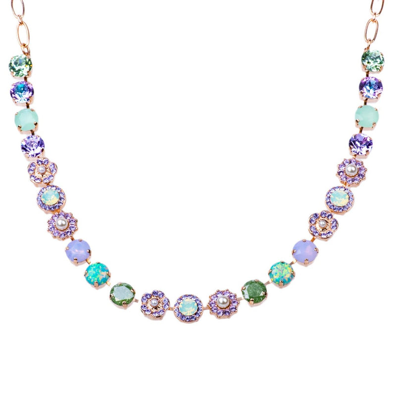 MARIANA NECKLACE MINT CHIP: green, lavender, pearl, simulated opal 1/2" stones in rosegold setting, 18" adjustable chain
