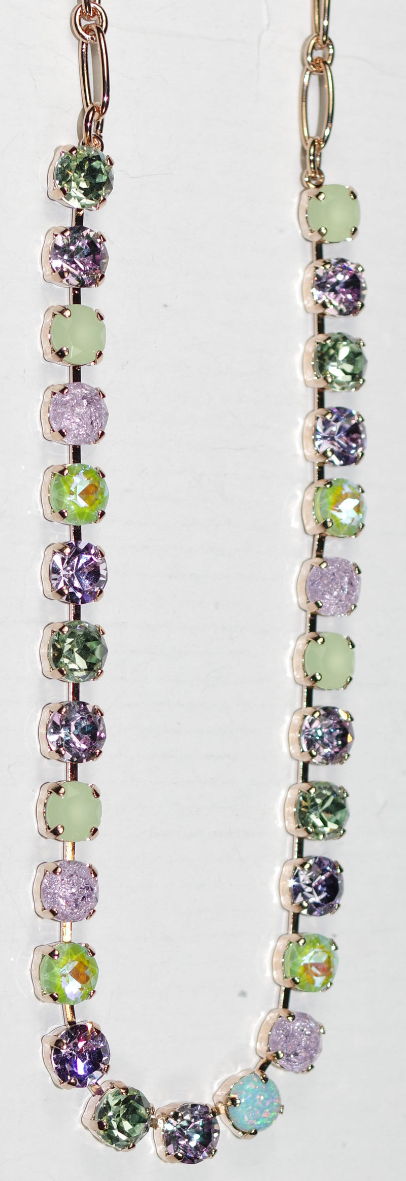 MARIANA NECKLACE BETTE MINT CHIP: lavender, green, pacific opal, simulated opal 1/4" stones in rosegold setting, 17" adjustable chain