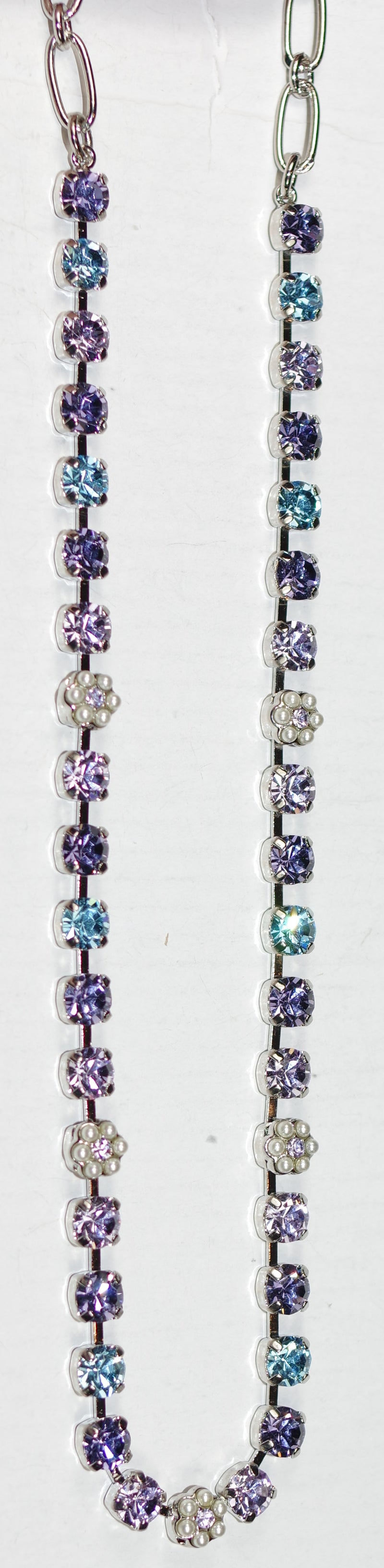 MARIANA NECKLACE BLUE MOON: purple, blue, pearl 1/4" stones in silver rhodium setting, 18" adjustable chain